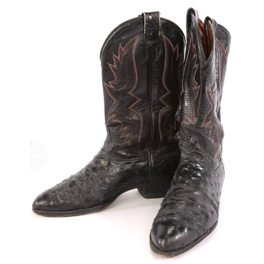 David Eden Black Rare Model Full Genuine Ostrich Western Cowboy Boots Sz 10 1/2D - Picture 2 of 10
